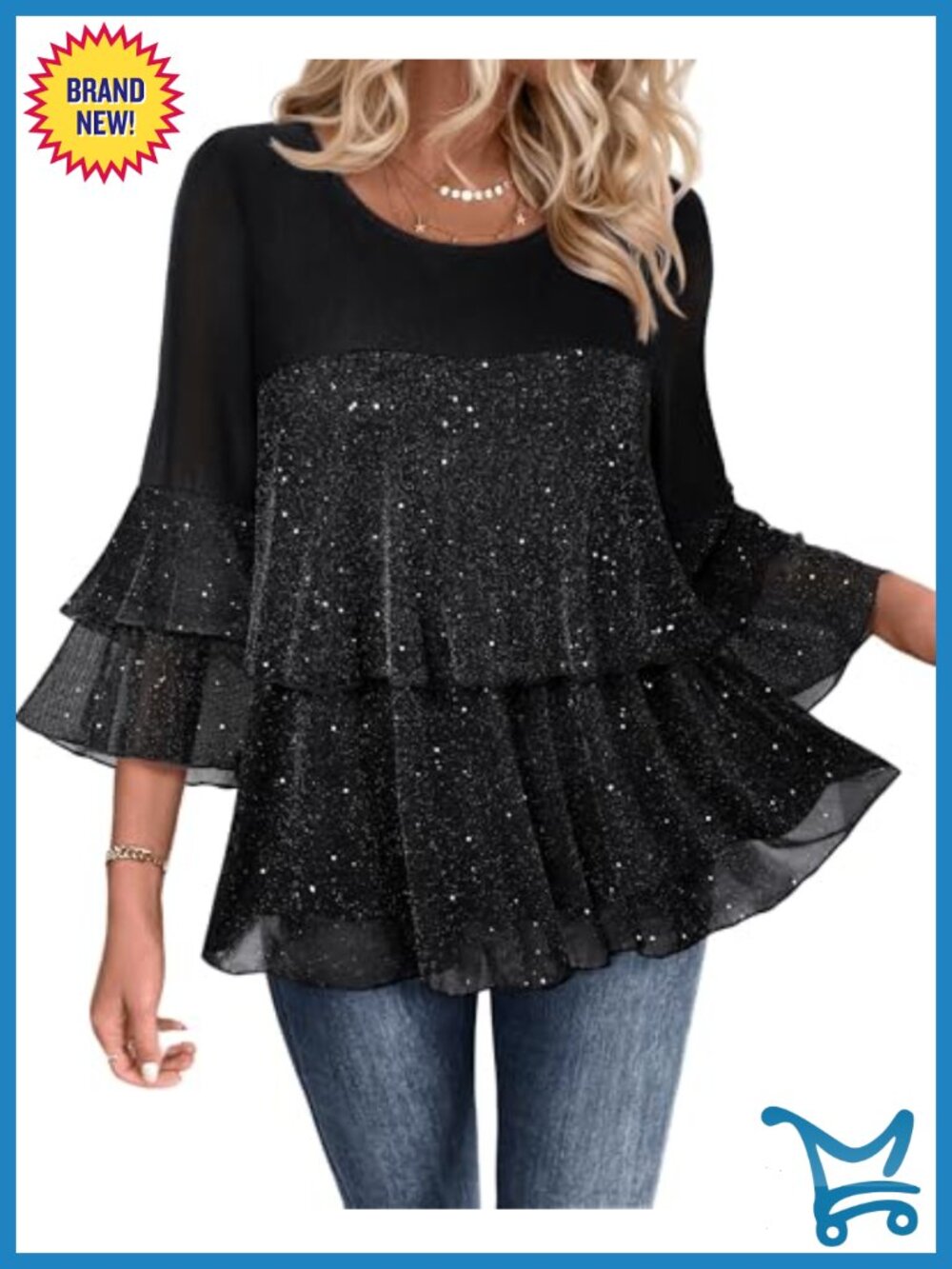 Sparkly Peplum Top 3/4 Sleeve Ruffle Evening Blouse